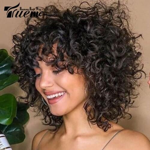 Trueme Short Curly Bob Wig With Bangs Colored Brazilian Human Hair Wigs For Women Ombre Black Brown Loose Curly Bob Full Wig