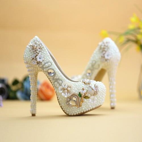 Women Pumps White Pearl Shoes For Wedding Dress Crystal Flower Luxury Design Bride Party 14cm High Heels TV Model Showing