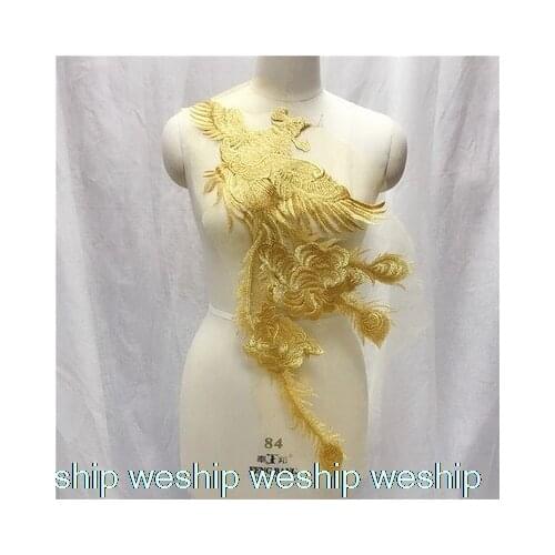 High-quality Super gorgeous Lace embroidery colour Phoenix patches Golden /Red /blue Eugen yarn Applique for DIY Wedding dress