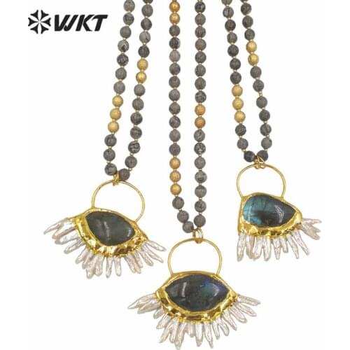 WT-N1242 WKT 30 inch long 8mm round picture stone statement pendant necklace fashion women long pearl with labradorite necklace