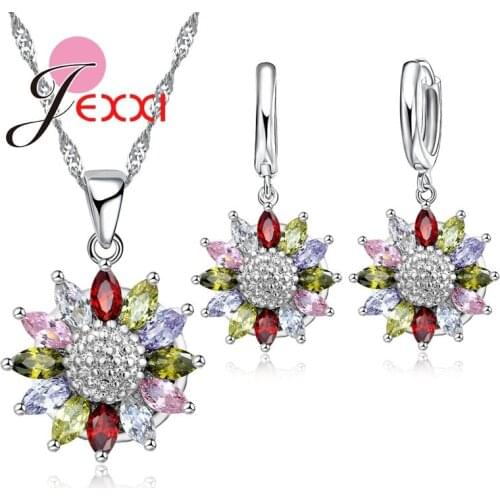 Colorful Cubic Zircon Crystal Flower Necklace Earring Silver Jewelry Sets For Woman Wedding Anniversary Accessory