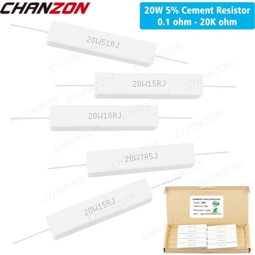 110Pcs 20W 5% Cement Wirewound Resistors 0.1 - 20K Ohm 20Watt Inductive Fixed Wire Wound Ceramic Resistance 0.33 1 2.5 10 15 2R2