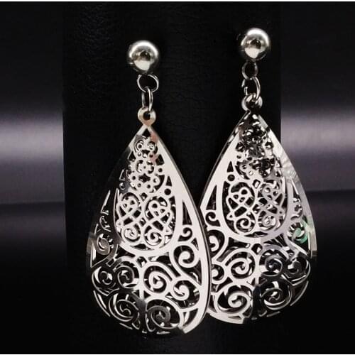 2021 Fashion Silver Color Long Stainless Steel Earrings for Women Hollow Flower Stud Earrings Jewelry pendientes largos E612219