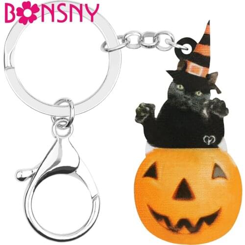 Bonsny Acrylic Halloween Cat Pumpkin Lantern Keychains Printing Wristlet Key Chain Jewelry For Women Kids Classic Festival Gift
