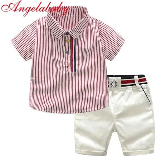 Childrens gentleman summer clothes striped short sleeve tops + white shorts 2 pcs clothing sets for kids baby boys party suits