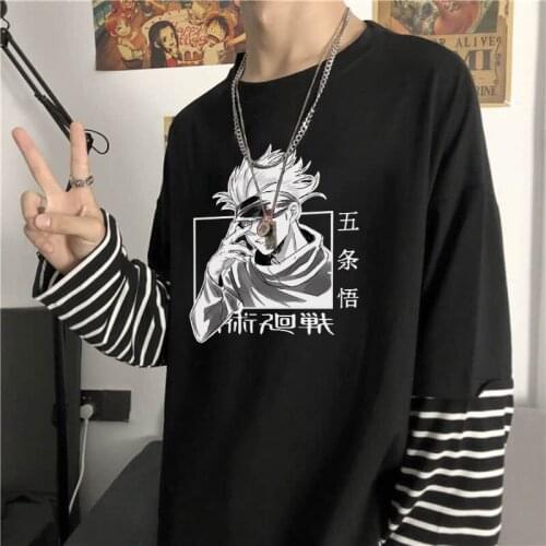 Funny Japan Anime Jujutsu Kaisen Gojo Satoru Manga T Shirt Harajuku Street Tops Loose Casual Summer Fake Two Piece Long T-shirt