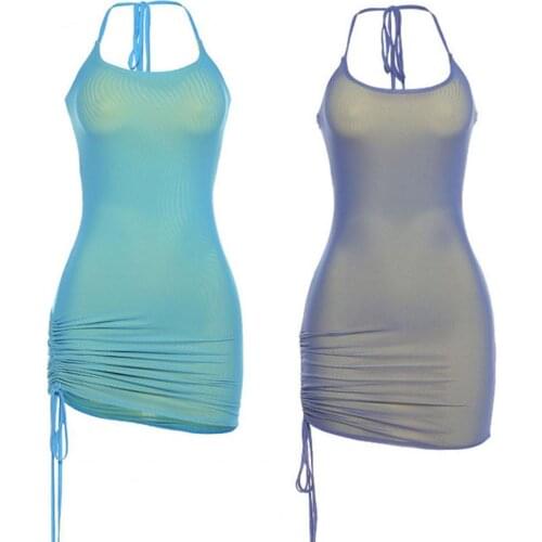 80%HOT Sexy Women Dress Solid Color Sleeveless Drawstring Low Cute Halter Skinny Mini Dress for Party