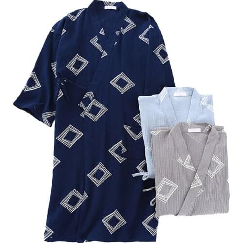 Spring And Summer New Mens Japanese Kimono Style Robe Comfort Double-Layer Soft Loose Gauze Cotton Bathrobe V-Neck Sleepwear