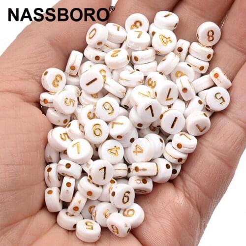 100Pcs Round White Acrylic Gold Digital Beads for Jewelry Making Kid Diy Material Loose Spacer Beads 4*7mm