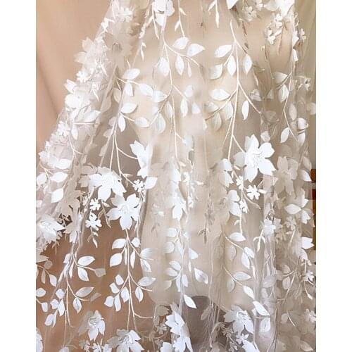 1Y/lot 1.25m wide white flowers lace transparent mesh fabric clothing skirt wedding dress curtain decoration fabric