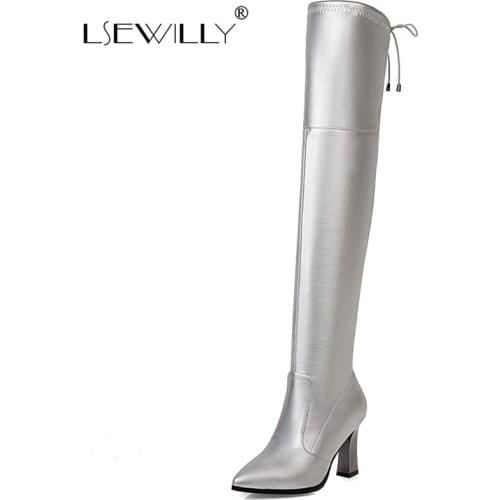 Lsewilly 2020 new arrive over the knee boots women pointed toe lace up autumn winter high heels sexy party prom shoes woman
