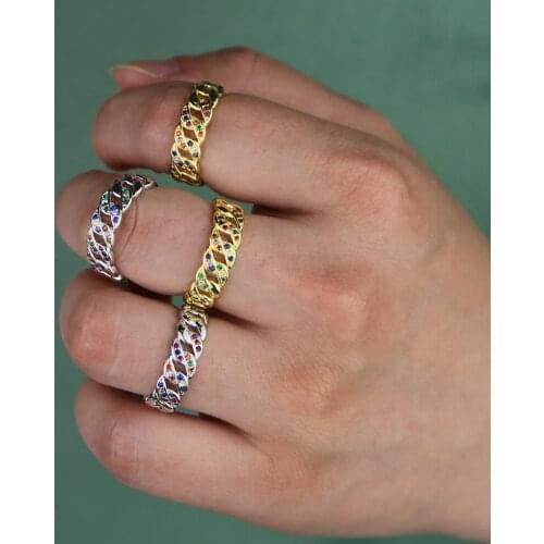 Fashion Hiphop micro pave rainbow colorful cz cuban link chain jewelry women finger ring Gold filled open Adjusted Knuckle rings
