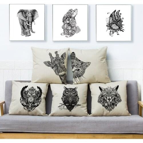 Hand Painted Animal Owl Elephant Throw Pillow Cover Cushion Cover Linen Pillow Case Sofa Home Decor Cute Animal Pillows Cases