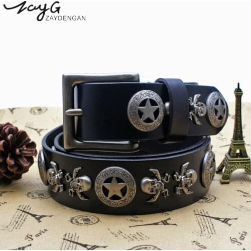 ZAYG Punk pin buckle belt hip hop personality Inlaid metal Skull Pentagram rivet belt jeans Men and Woman belt retro waist seal