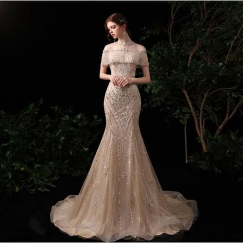 Jewel Collar 2020 Lurxury Evening Dresses Long Delicate Crystal Beaded Short Sleeves Mermaid Formal Evening Gowns