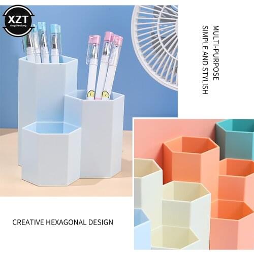 Large Capacity Hexagonal 3 Grid Pencil Pen Holder Home Office Desktop Storage Box Organizer For Cosmetics Makeup Brush Lipstick