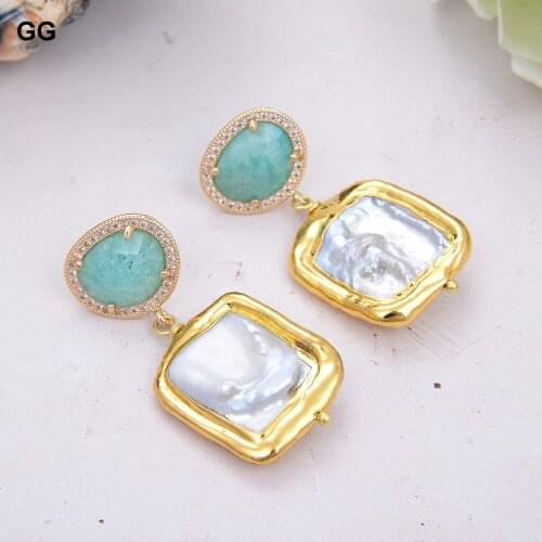 GuaiGuai Jewelry Cultured Rectangle White Keshi Pearl Green Amazonite Gold Color Plated Stud Earrings Classic Style