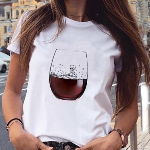 Women Graphic Wine Funny Cartoon Printing 90s Cute Summer Spring Casual Fashion Print Female Clothes Tops Tees Tshirt T-Shirt