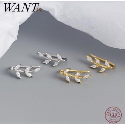 WANTME 925 Sterling Silver Piercing Earrings Shiny Crystal Zircon Leaf Ear Clip Women Romantic Simple Party Jewelry Accessories