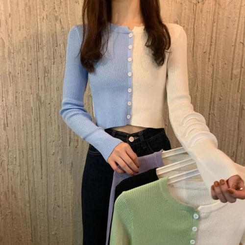 Woman Sweaters Pullover Autumn Winter Contrast Color Fit Long-Sleeved Knitted Cardigan High Waist Crop Top Femme Chandails