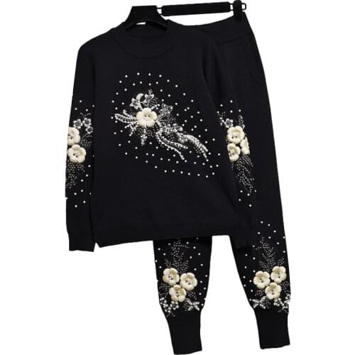 2020 Autumn Tracksuit Women Fashion Beading Flower Loose Knitted Sweater Pullover + Casual Pants Two Piece Set Women Tops H703