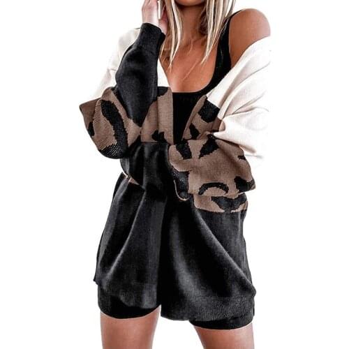 Leopard Knit Stitching Cardigan Female Autumn Sweater Long Women Losse Casual Vintage Cardigans Coat