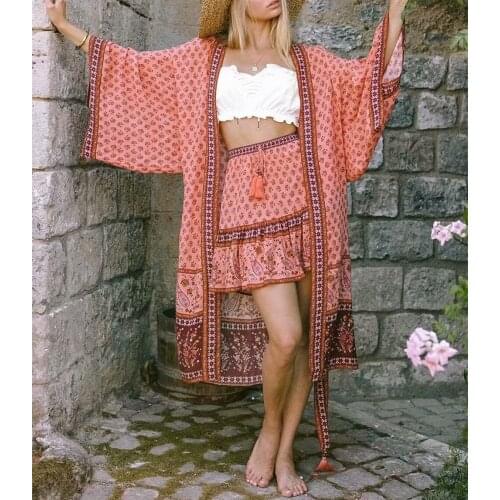 Happie Queens Women Floral Print Sashes bohemian happie Kimono Ladies V Neck batwing Sleeves Boho Maxi dress robe