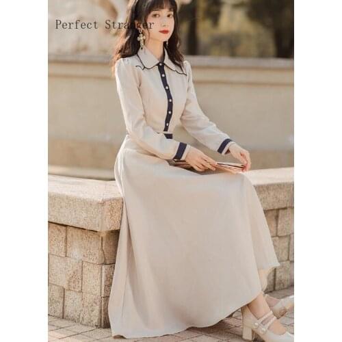 High Quality Hot Sale 2021 Spring Autumn New Arrival Elegant Retro Peter Pan Collar Long Sleeve Woman Long Dress