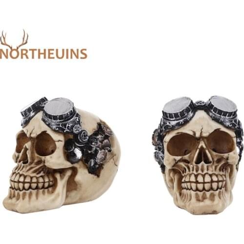 NORTHEUINS 12cm Resin 1:1 3D Mechanical Skull Statues Retro Animal Head Skull Halloween Decoration Ornament Home Party Art Decor