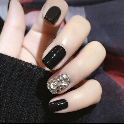 American punk style Shining sliver and black hit pure color with full diamond 3d fake nails Bride full nail tips false nails
