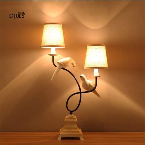Art Deco Double Fabric Lampshade Bird Table Lamp for Office Study Desk Decoration led Bedroom bedside Lamp Makeup Table Lights