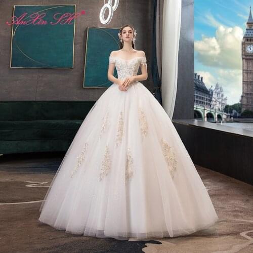 AnXin SH princess flower white lace wedding dress vintage boat neck beading crystal sleeveless sparkly bride wedding dress