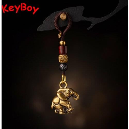 Retro Brass Elephant Figurines Keychains Pendant Lucky Animal Car Key Chain Hangings Jewelry Lanyard Handmade Woven Rope Keyring