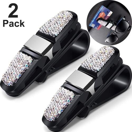 Glasses Holder Bling Crystal Rhinestones Car Sun Visor Sunglasses Eyeglasses Mount Double-Ended Ticket Clip Holder Accessories