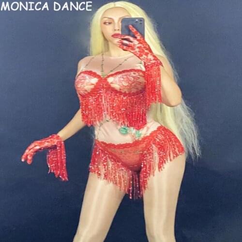 Women Sexy Stage Rose Flower Leaf Pattern Fringe Red Bodysuit Gloves Women Dancer Singer Bar Outfit Birthday Prom Bodysuit