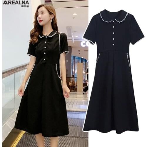 Elegant Peter Pan Collar Party Dress women French Style Short Sleeve Slim Lace Splice Black Slim A-line Knee-length Woman Dress