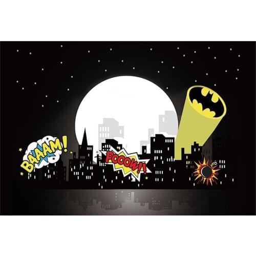 Superhero City Photography Background Black Night Silver Moon with Monster Photography Backdrops for Kids Baby Birthday Party