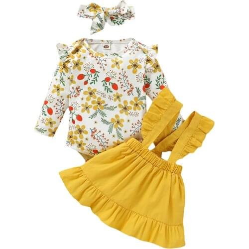 Newborn Infant Baby Girls Clothes Long Sleeve Floral Print Romper Tops Ruffle Suspender Skirt Outfits Set 6 12 18 24 Months