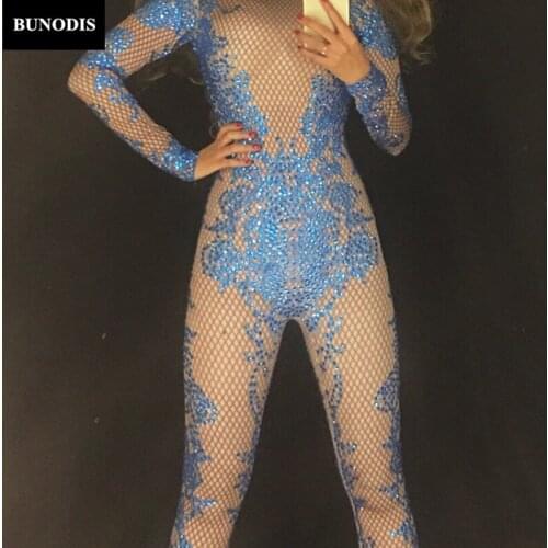 ZD049 Blue Diamond Full Of Sparkling Crystals Stones Jumpsuit Women Sexy Bodysuit Nightclub Party DS Singer Stage Wear Costume