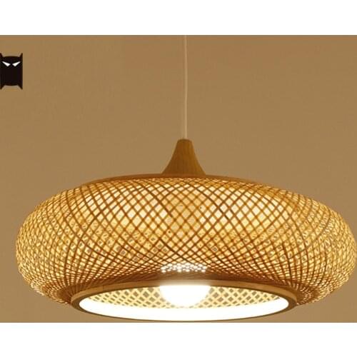 Bamboo Wicker Rattan Round Braided Pendant Light Fixture Nordic Japanese Style Hanging Ceiling Lamp Restaurant Dining Table Room