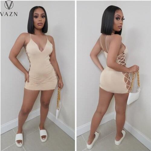 VAZN 2021 Hot High-End Cross Bandage Top Solid Sweet Open Sexy Young Little Chap Spaghetti Strap Women High Waist Mini Dress