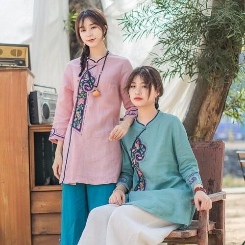 Linen Chinese Top Hanfu Qipao Blouse Tang Suit Cotton Embroidery Cheongsam Top Traditional Chinese Style Clothing Women TA1959