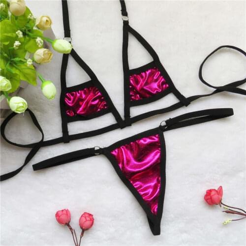 Micro bikini Sexy swimwear women swimsuit women biquini mini bikinis Patent leather Solid color Triangle Hollow out Bright light