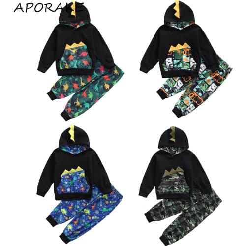 2021 2-7Y Autumn Kids Baby Boy Clothes Set Cartoon Dinosaur Plaid Print Hooded Sweatshirt With Pocket+Harem Pants Casual 2pcs