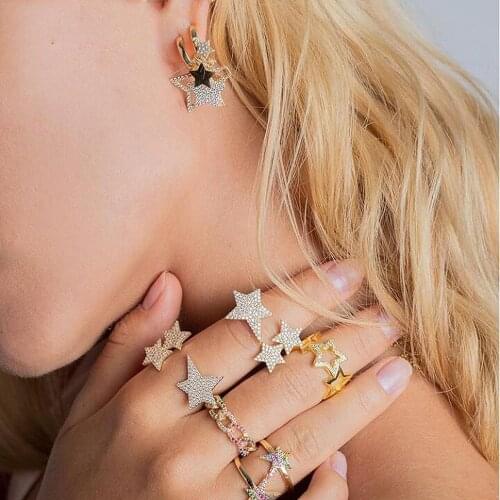 2021 Summer New Fashion Rainbow Jewelry Sparking Bling Colorful Cz Paved Open Adjusted Star Ring With Earring Sets For Women