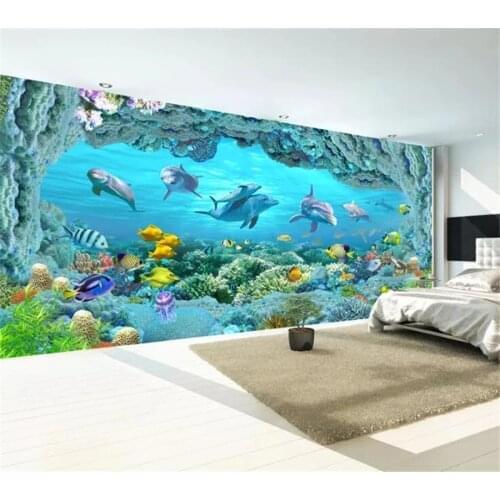 Beibehang Custom wallpaper 3d murals huge panoramic underwater world coral reef dolphins living room sofa background wall paper