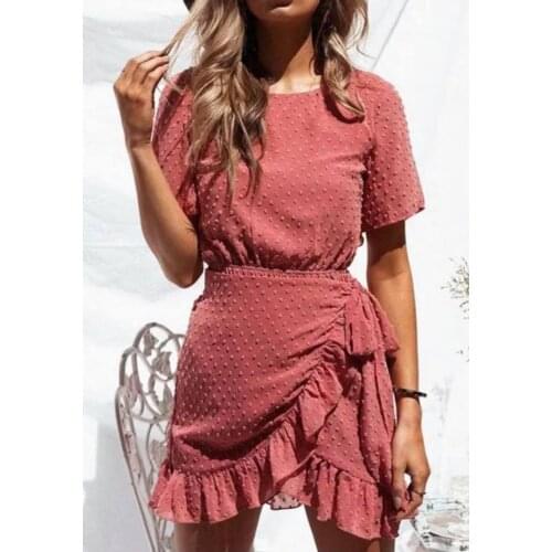 Casual Ruffle Mini Dress Women Lace Up A Line Dress Pink Vintage Style Female Short Sleeve Dresses O Neck Spring Summer