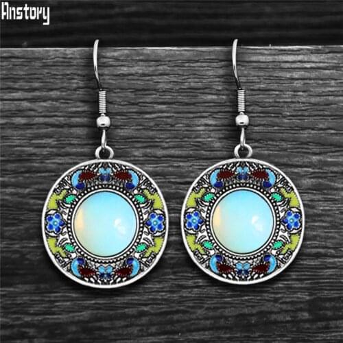 Vintage Round Moon Stones Earrings For Women Bohemia Painting Craft Flower Natural Stone Quartz Jades Earrings