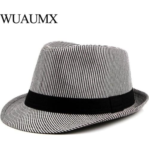 Wuaumx Spring Summer Panama Hat Stripe Jazz Caps Men Top Fedoras Hat For Women Men Retro Bowler Hats Gentleman Classic Sun Hat