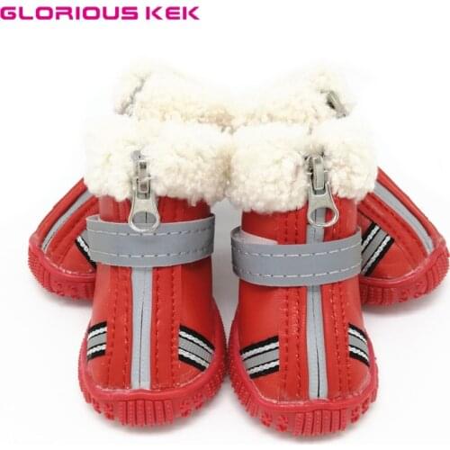 GLORIOUS KEK Dog Shoes Pet Snow Boots Winter Warm Dog Boots for Small Dogs Chihuahua Reflective Sherpa Leather Waterproof Boots